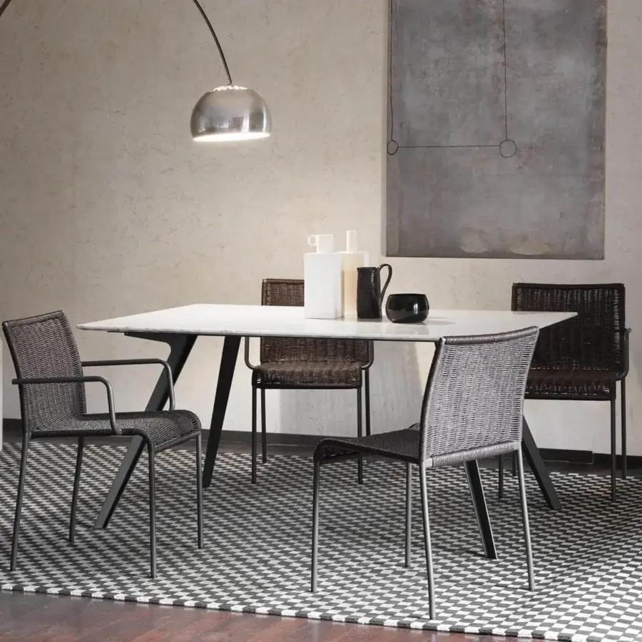 Distinguished Potocco Katana indoor table with rectangular porcelain stoneware and embossed painted metal legs in contrasting finishes