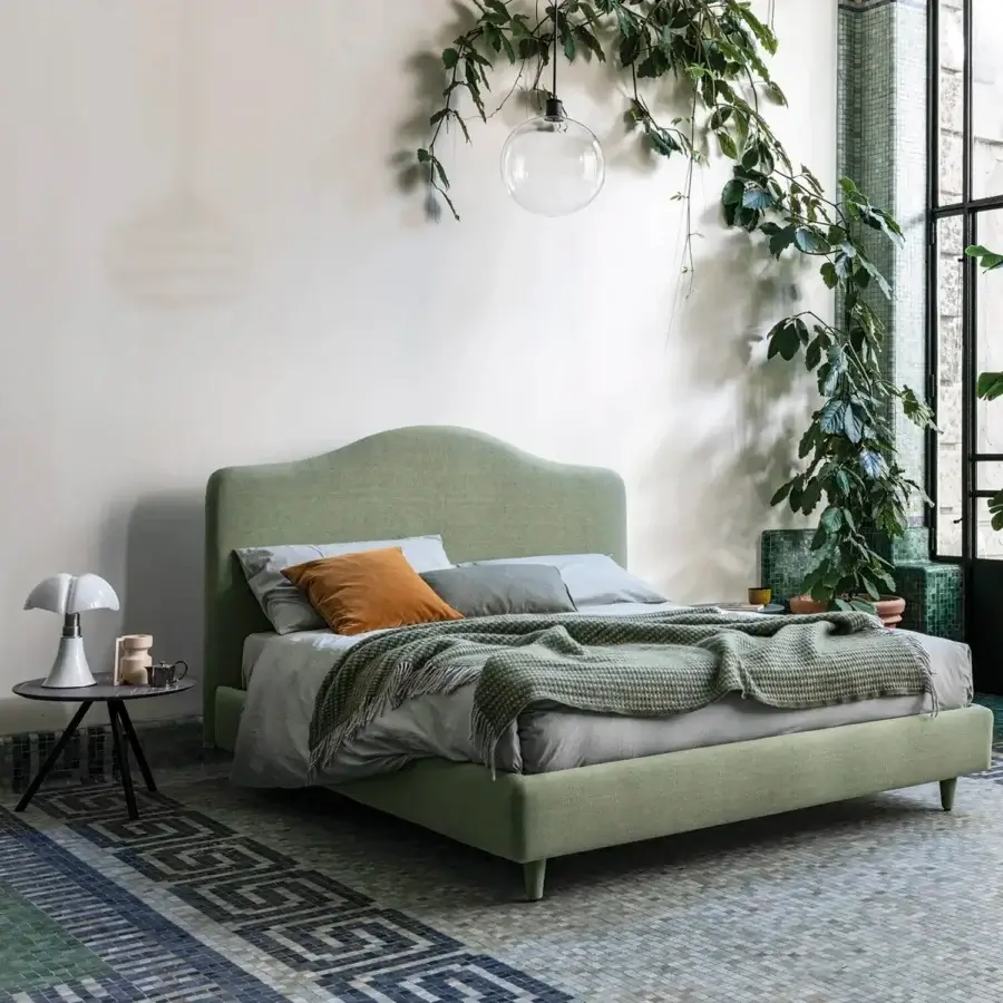 Elegant Bolzan Letti vanity bed upholstered in muted green textile with a firwood structure and removable cover