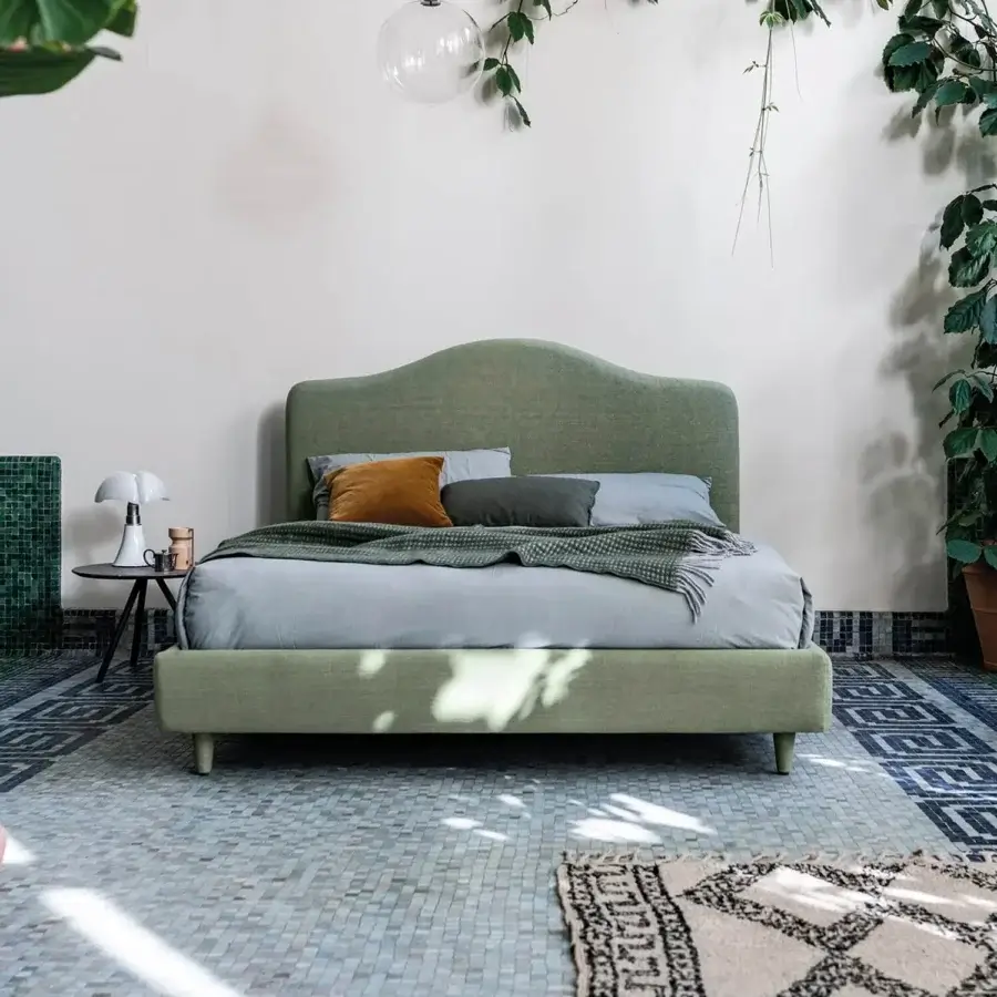 Superior Bolzan Letti vanity bed crafted in Italy with muted green woven fabric and a curved headboard