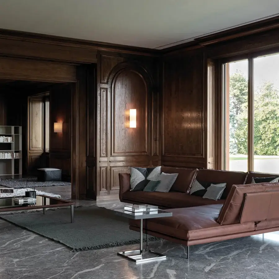 Superior Cierre1972 Divine sectional in smooth medium brown leather with sleek metal legs and adjustable backrests