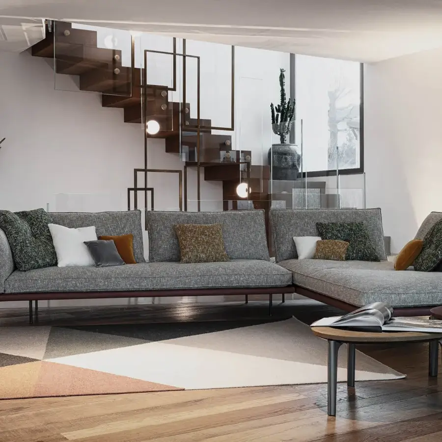 Distinguished Cierre1972 Divine sectional with textured gray textile and dark brown frame built for comfortable, modern living