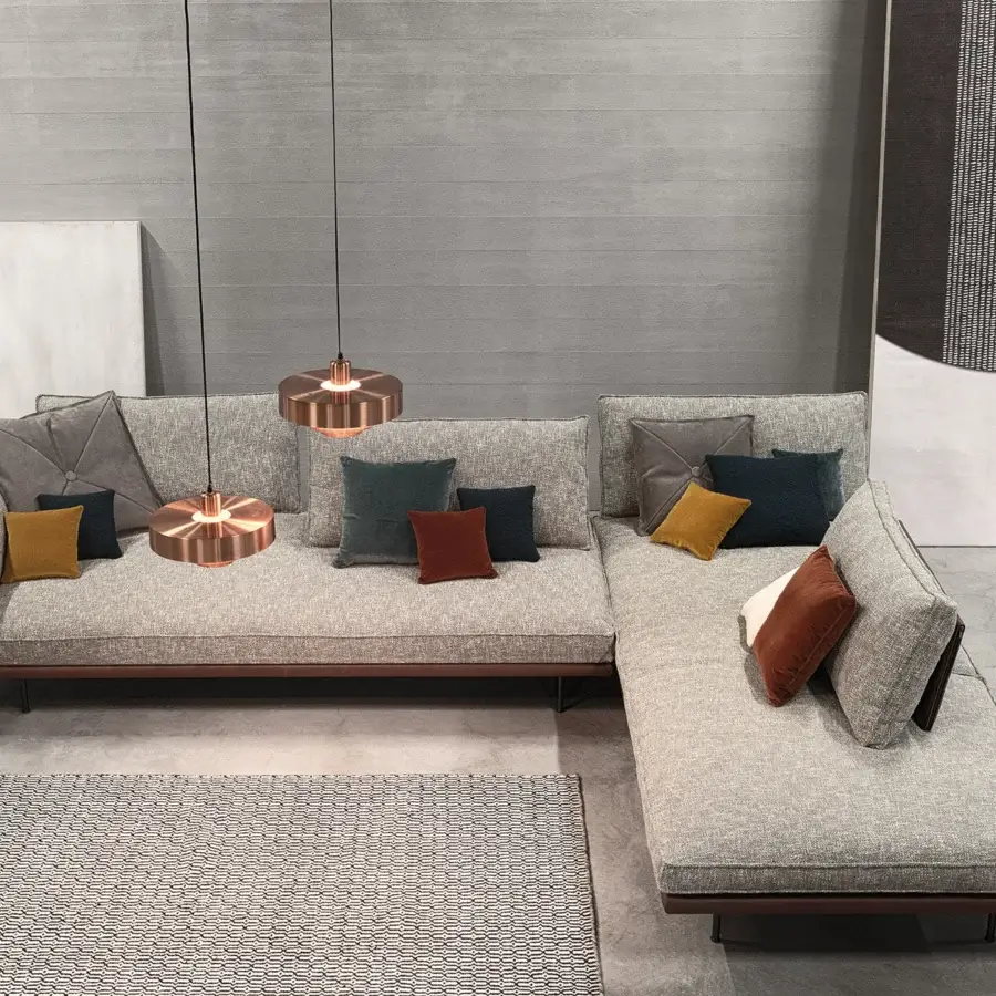 Exceptional Cierre1972 Divine sectional with light gray textile, dark brown wood frame and mustard, teal, rust cushions