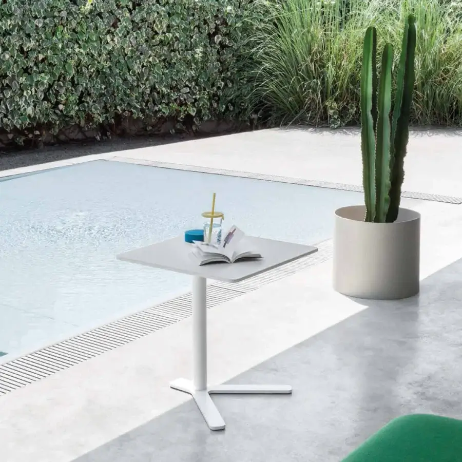 Elegant Lapalma YO Outdoor side table with a square HPL Fenix® top and powder coated polyester base in uniformly white finish