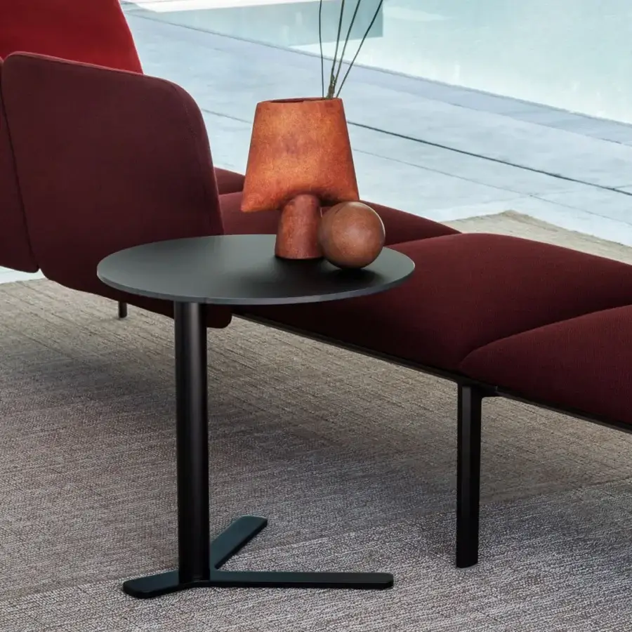 Elegant Lapalma YO Outdoor side table with a round HPL Fenix® tabletop and sleek powder-coated stainless steel Aisi 304 base in matte black finish