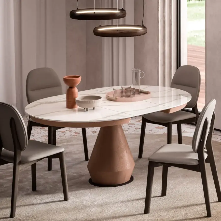 Captivating Ozzio Italia Lycos extendable table with a marble-patterned top and terracotta textured base built with dark wooden legs