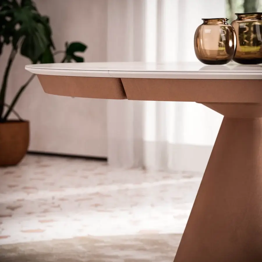 Superior Ozzio Italia Lycos extendable table with a white top and warm brown conical painted metal base