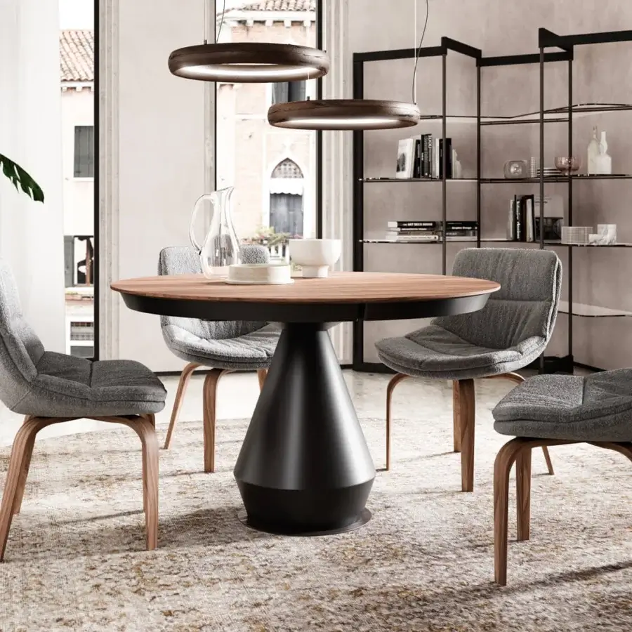 Distinguished Ozzio Italia Lycos extendable table with wooden top and dark finished edge, built upon a black painted metal base