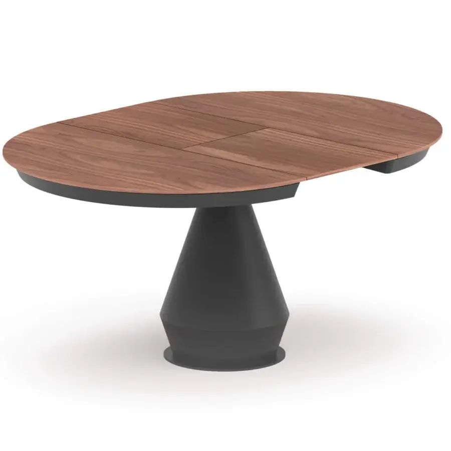 Exceptional Ozzio Italia Lycos extendable table with segmented dark wood top and conical dark metal base