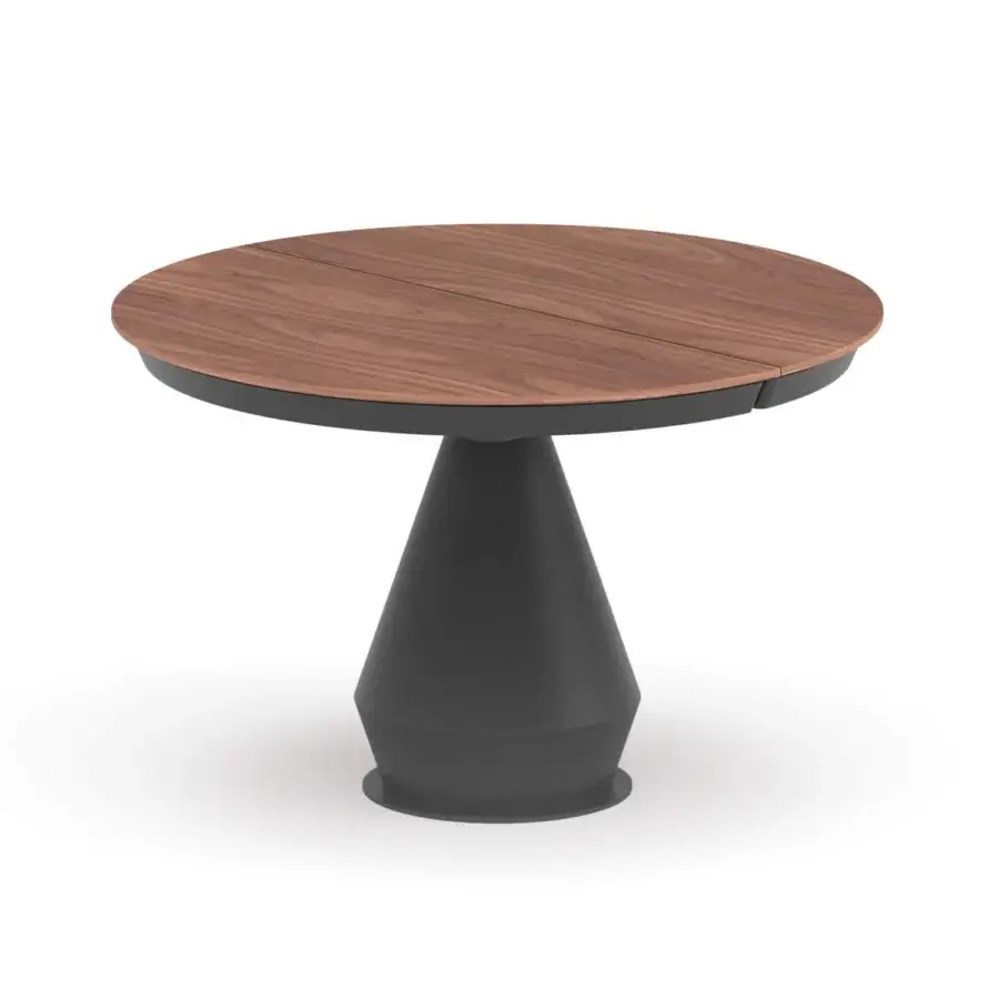 Elegant Ozzio Italia Lycos extendable table with smooth brown wood and dark conical metal base