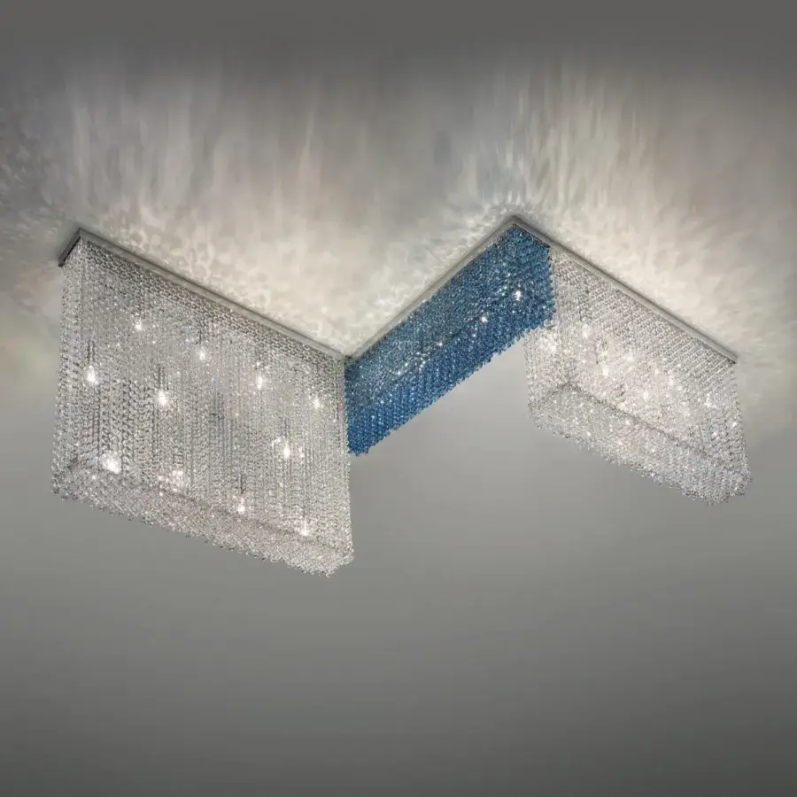 Superior Masiero Cubo ceiling lamp with a geometric U-shape crafted in shiny chrome and transparent blue crystal pendants