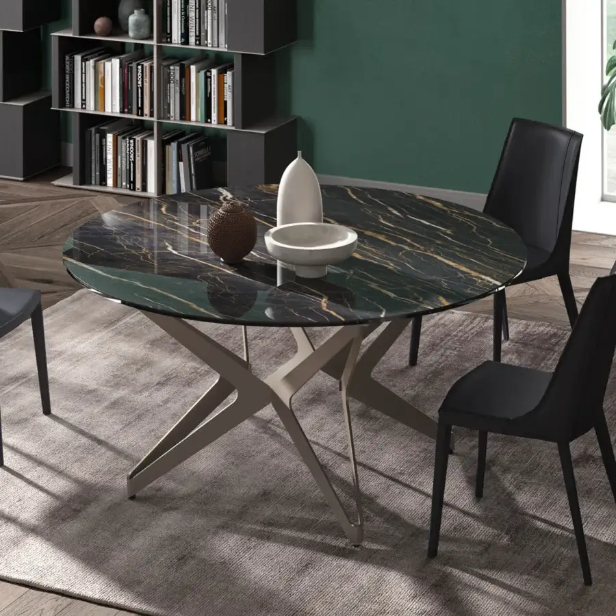 Distinguished Ozzio Italia Big Round Table with ceramic top and painted metal base in matte light brown finish
