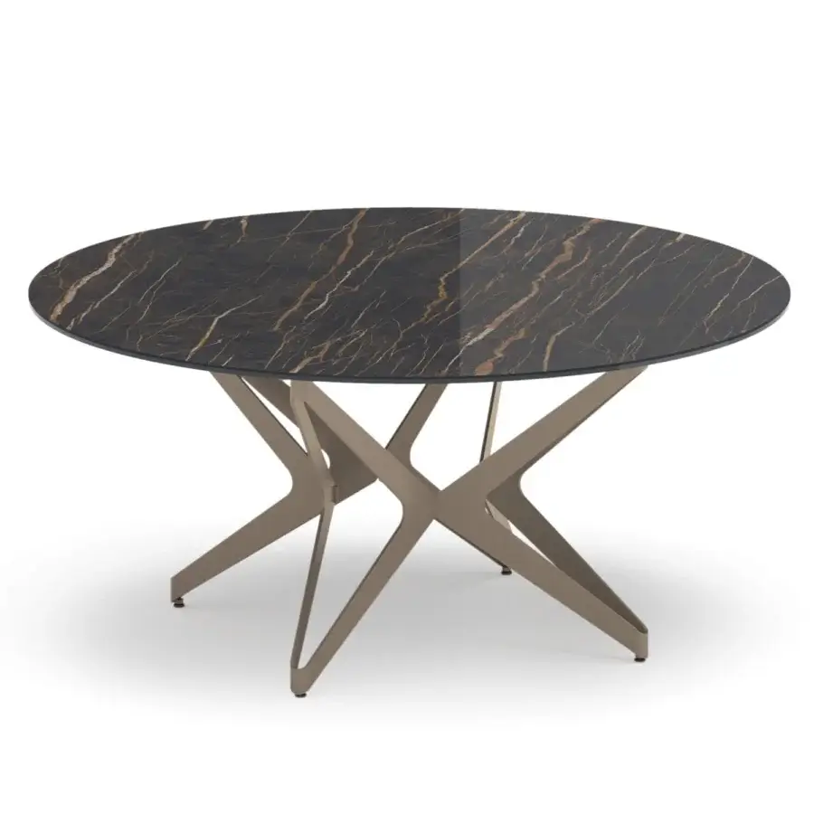 Exclusive Ozzio Italia Big Round Table with swirling gold-veined ceramic top and star-like painted metal base