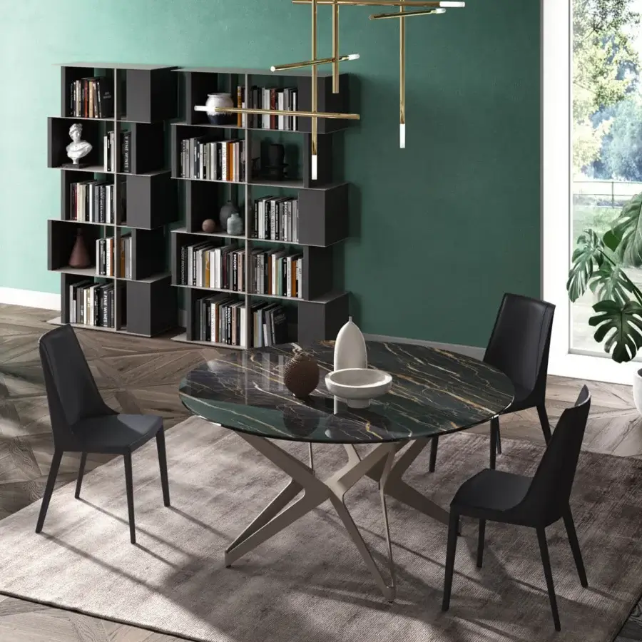 Distinguished Ozzio Italia Big Round Table with glossy green, black and gold swirling ceramic top and matte grayish-brown metal base