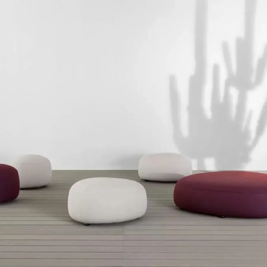 Exceptional Lapalma Kipu Outdoor ottoman with rounded form upholstered in reddish-purple and white water-resistant fabric