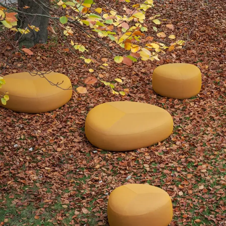 Stylish Lapalma Kipu Outdoor ottoman with rounded triangular form crafted in water-resistant fabric and polyurethane foam with matte finish