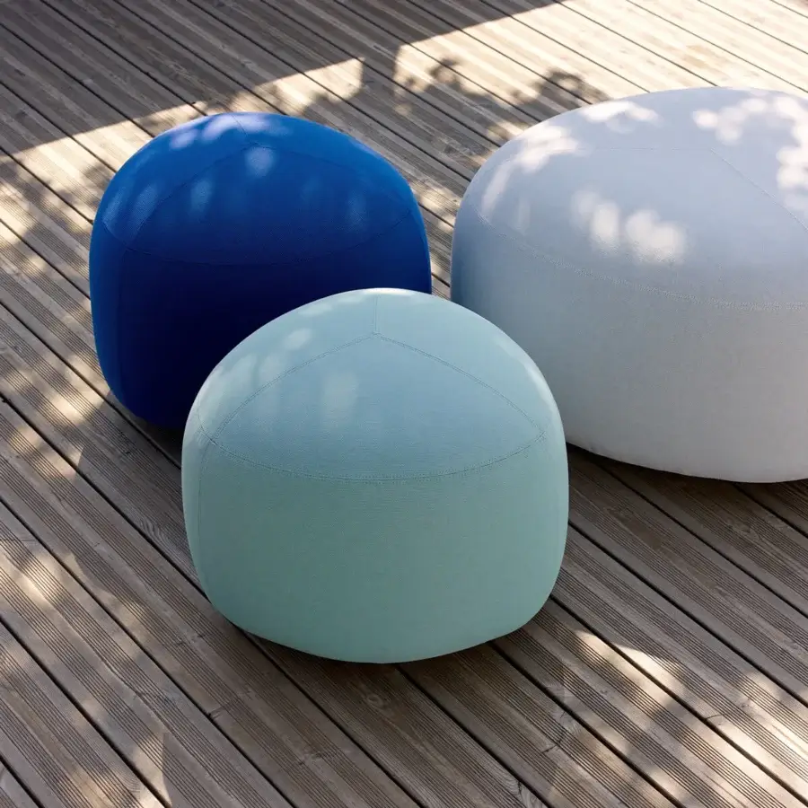 Distinguished Lapalma Kipu Outdoor ottoman with rounded triangular shape crafted in light gray moulded polyurethane foam and outdoor fabric