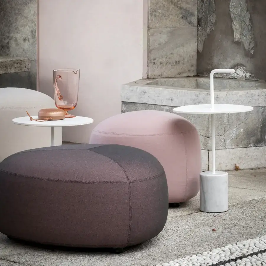 Superior Lapalma Kipu outdoor ottoman with rounded triangular form upholstered in brown UV-stable outdoor fabric with a matte finish