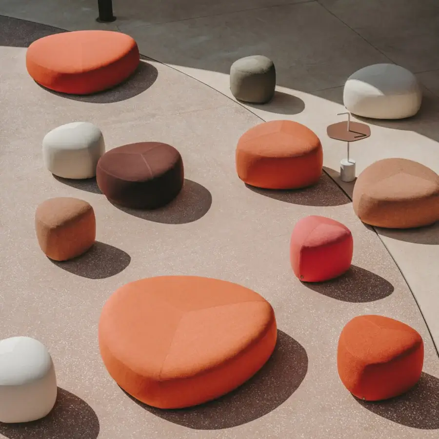 Superior Lapalma Kipu outdoor ottoman with rounded triangular form upholstered in water-resistant outdoor fabric