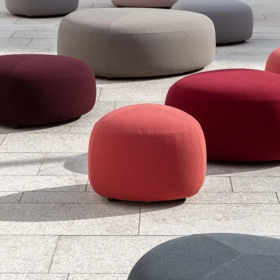 Exclusive Lapalma Kipu outdoor ottoman with inviting rounded form upholstered in light brown matte fabric and marine plywood
