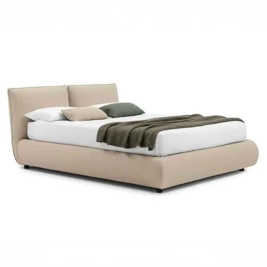 Lavish Bolzan Letti Venus bed crafted in Italy with light beige textile upholstery and included orthopaedic slatted base