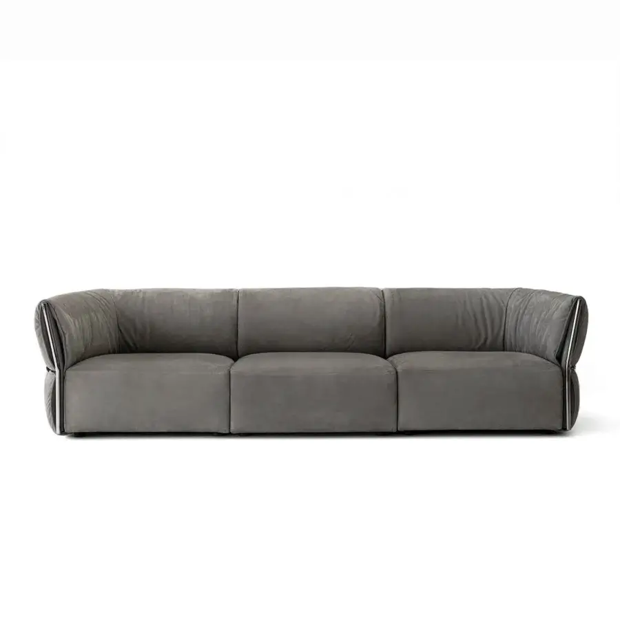 Distinguished Cierre1972 Belt sofa with geometric form upholstered in smooth matte gray textile and thin metal armrests
