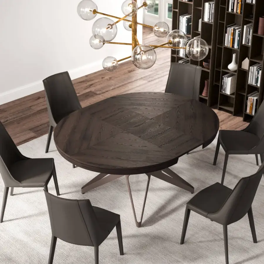 Superior Ozzio Italia Big Round Extendable Table with herringbone pattern and old oak finish built with a sleek metal base