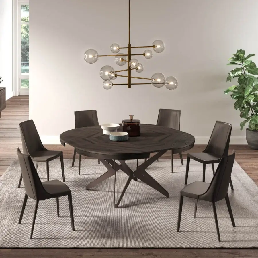 Distinguished Ozzio Italia Big Round Extendable Table with herringbone pattern crafted in old oak and sculptural metal base with matte finish