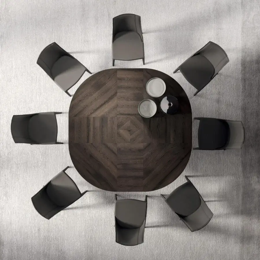 Exceptional Ozzio Italia Big Round Extendable Table with natural old oak finish and square wood pattern built with a metal base