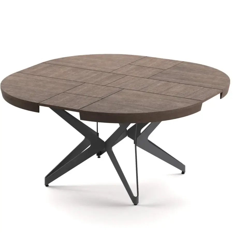 Distinguished Ozzio Italia Big Round Extendable Table with a natural old oak finish and dark gray metal star-like base crafted for modern aesthetics
