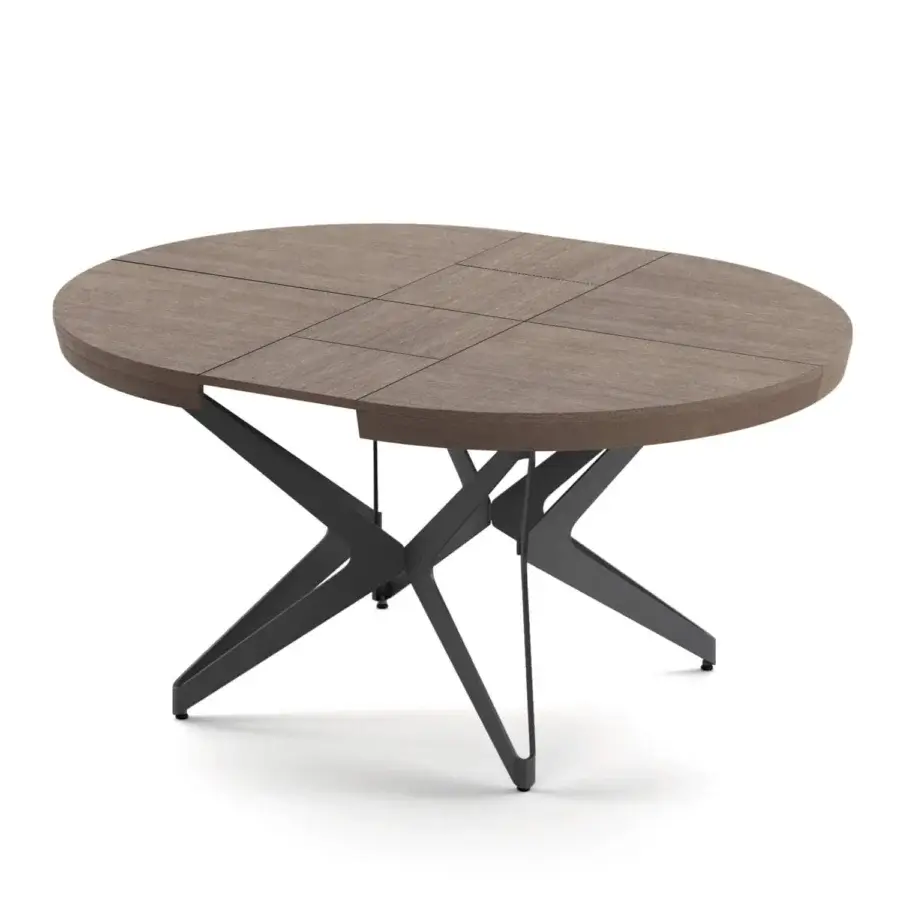 Superior Ozzio Italia Big Round Extendable Table with a natural old oak finish and angular metal base