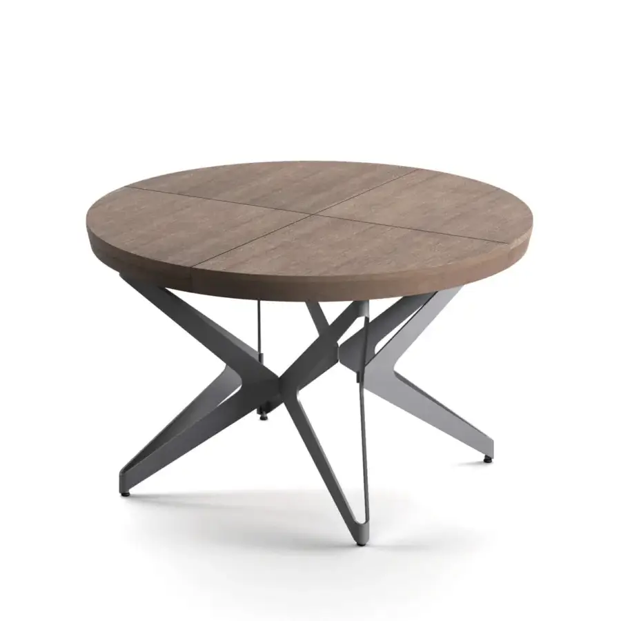 Distinguished Ozzio Italia Big Round Extendable Table with a natural old oak top and gray matte metal base crafted with a central inlay