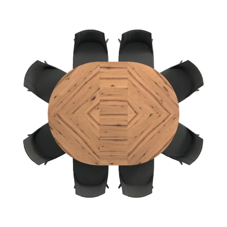 Innovative Ozzio Italia Big Round Extendable Table with a light brown geometric wooden top and sophisticated metal base crafted in old oak finish
