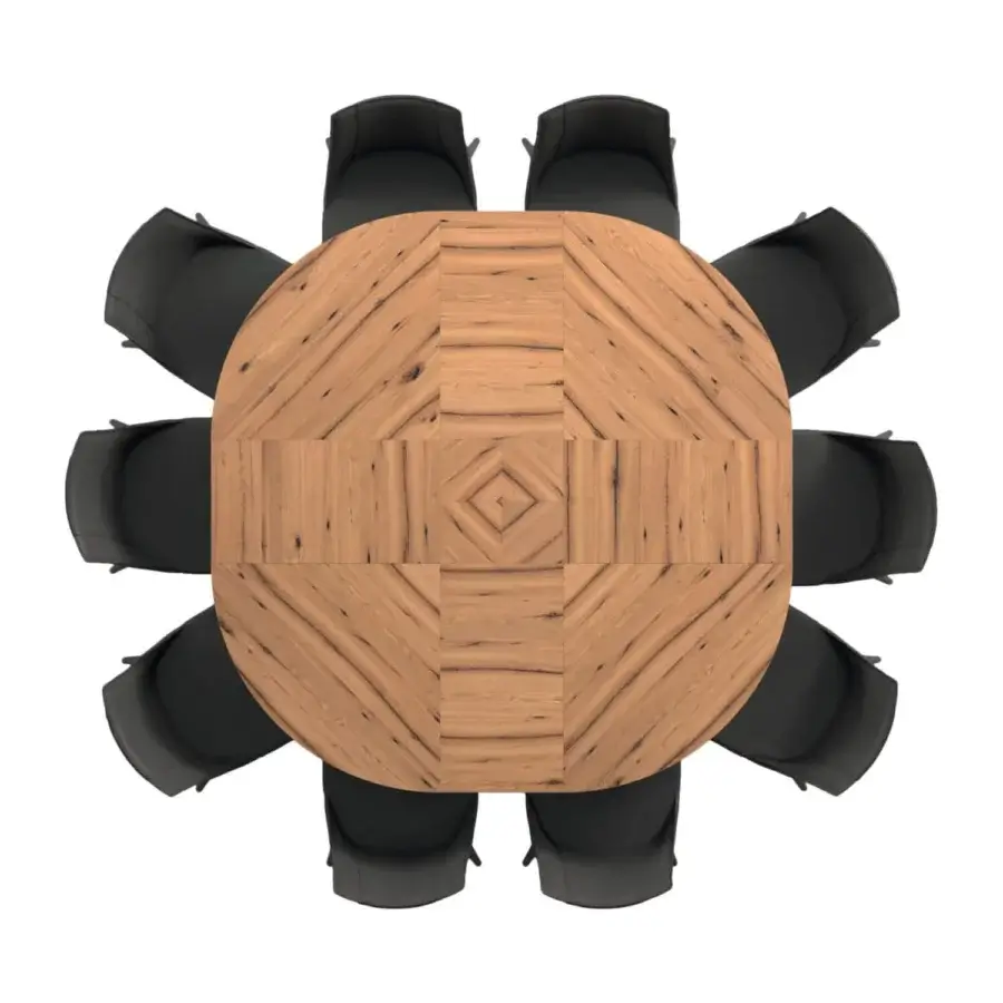Superior Ozzio Italia Big Round Extendable Table with a geometric natural old oak tabletop and robust metal base