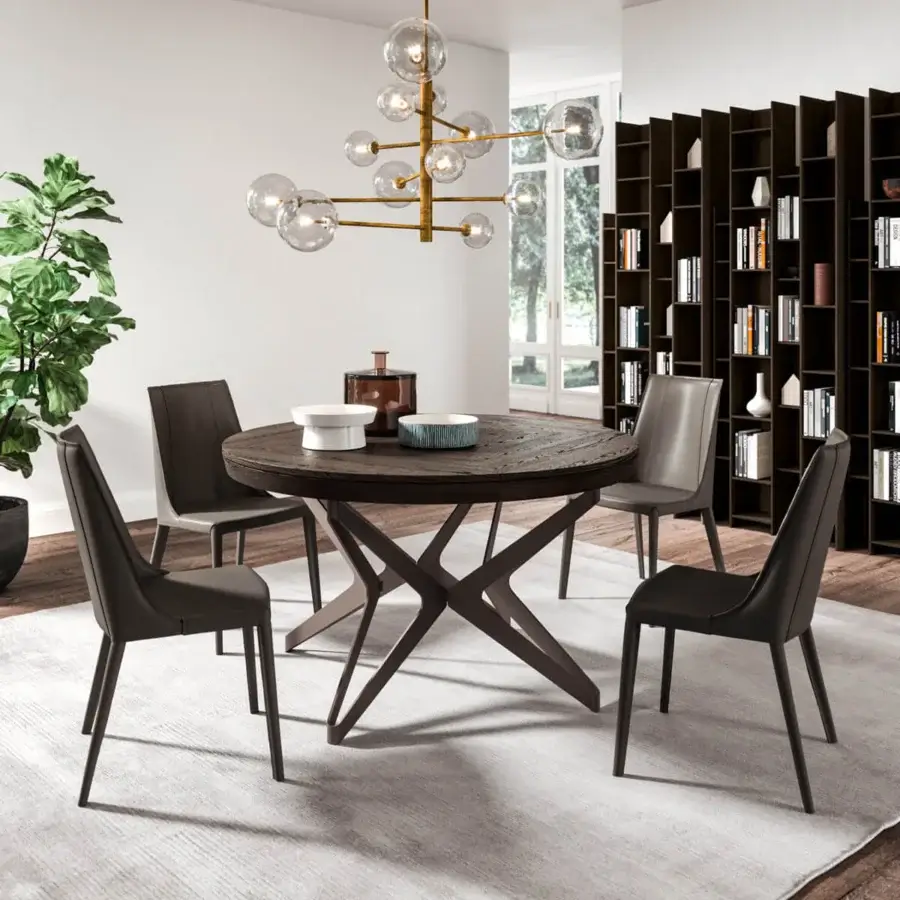 Distinguished Ozzio Italia Big Round Extendable Table with a geometrically inspired base in natural old oak and metal