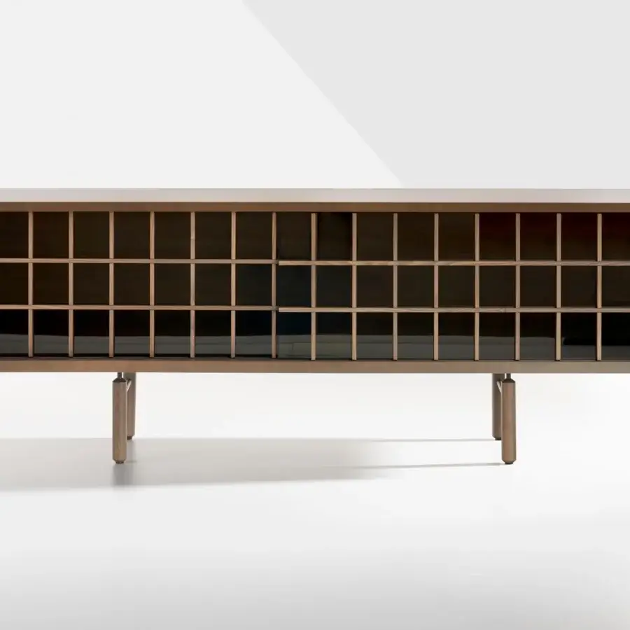 Refined Potocco Sen sideboard with ash construction in medium-toned brown satin and bronzed glass sliding doors