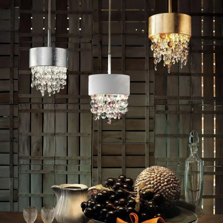 Exclusive Masiero Olà suspension lamp with powder-coated metal frame and coated Italian glass pendants illuminating a warm glow