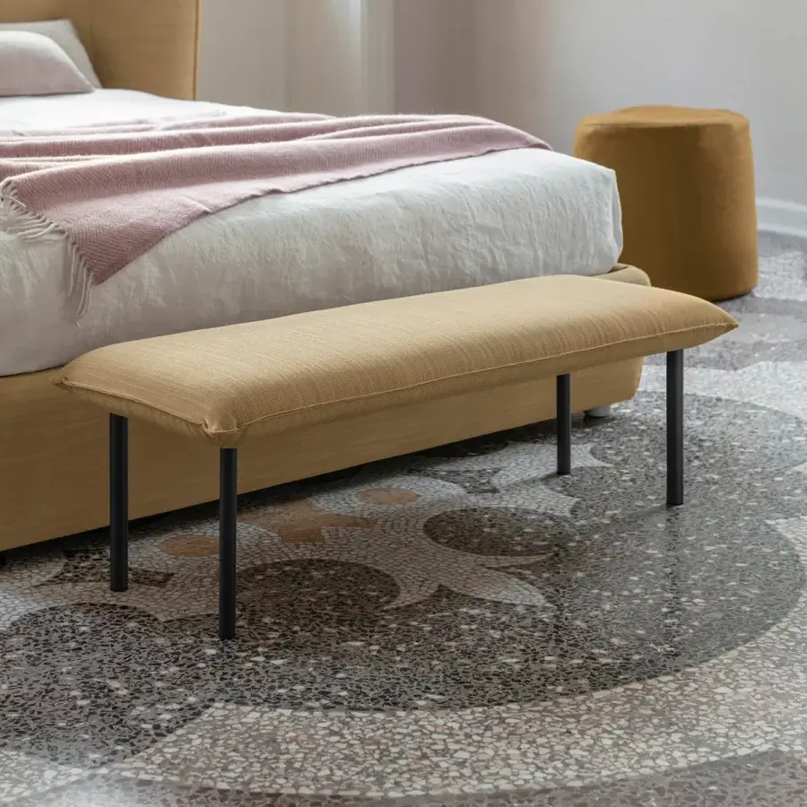 Superior Bolzan Letti Jill bench with light beige textured woven fabric and slender matte black metal legs