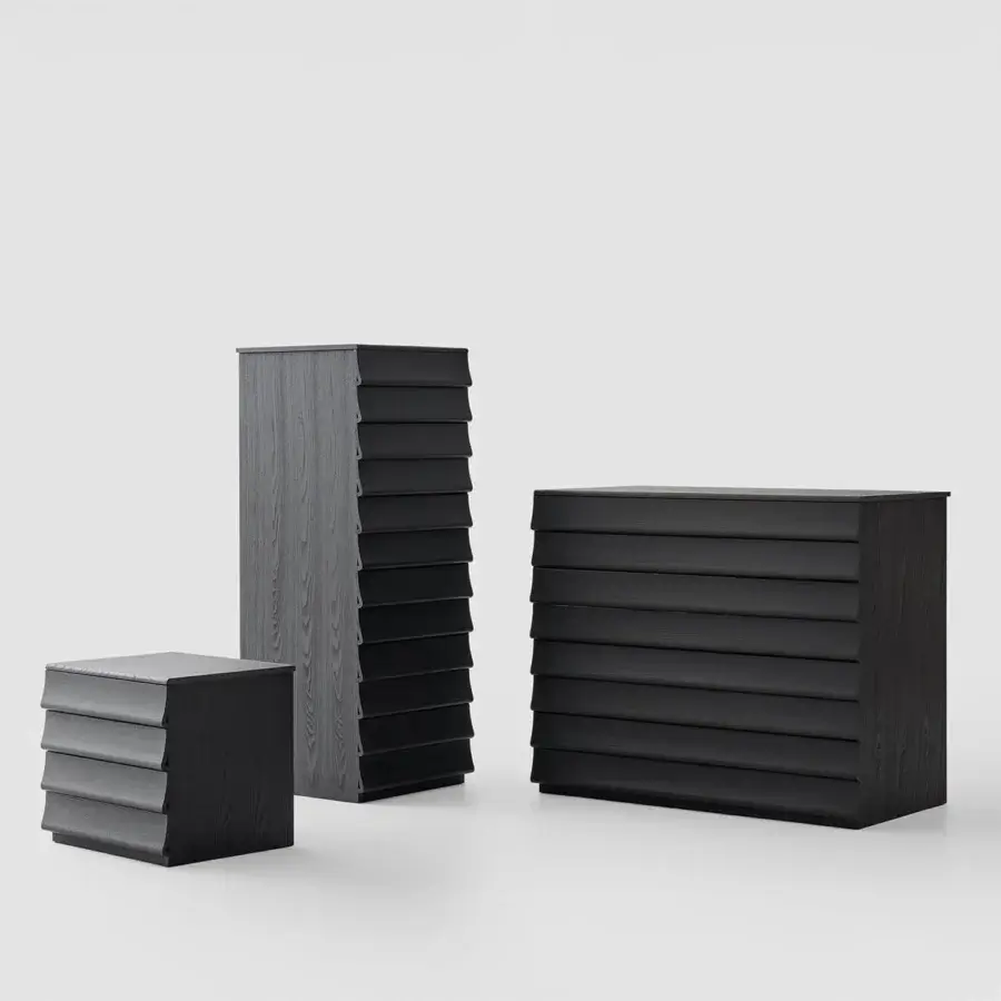Exceptional Bolzan Letti Rideaux nightstand crafted with ash wood exhibiting undulating surfaces and a black finish obtained from natural pigments with beeswax