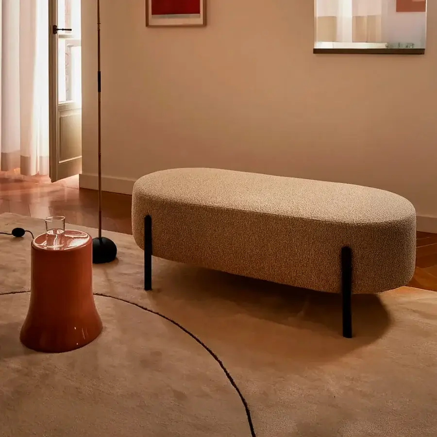 Superior Bolzan Letti Flag bench with light beige textured fabric upholstery and dark cylindrical wooden legs