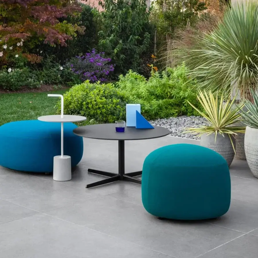 Distinguished Lapalma Outdoor Auki coffee table with a dark matte HPL Fenix top and sleek powder-coated aluminum base with stainless steel column