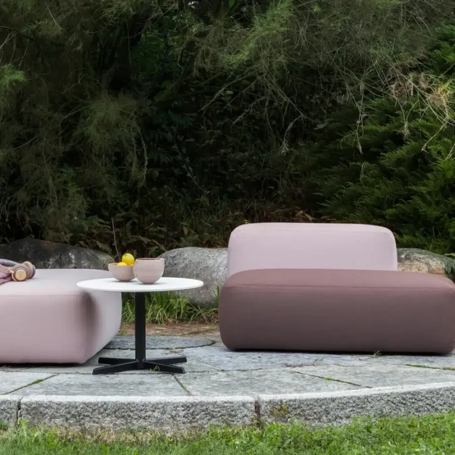 Elegant Lapalma Outdoor Auki coffee table with a crisp white HPL Fenix tabletop and black powder-coated aluminum base