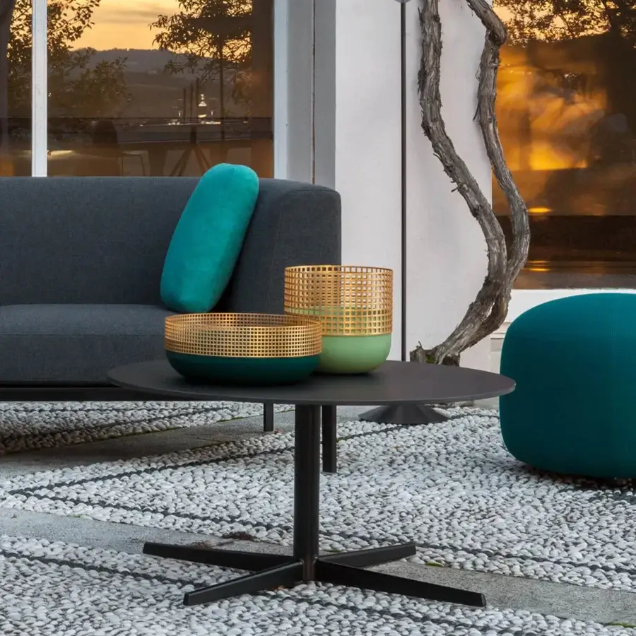 Superior Lapalma Outdoor Auki coffee table crafted with aluminum, stainless steel and dark HPL Fenix top in a matte finish