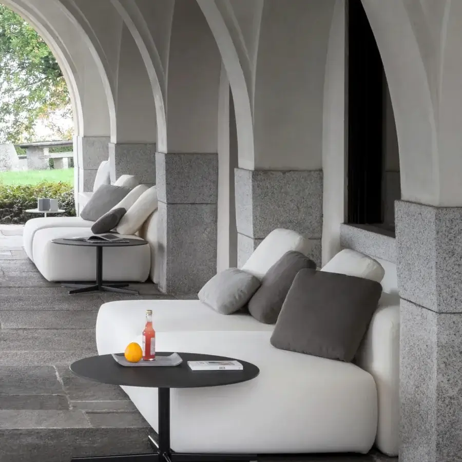 Distinguished Lapalma Outdoor Auki coffee table with a round HPL Fenix® top and black powder-coated polyester metal base