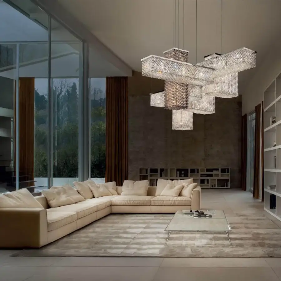 Exclusive Masiero Cubo suspension lamp with a multi-tiered geometric silhouette and transparent crystal pendants in a shiny chrome metal frame