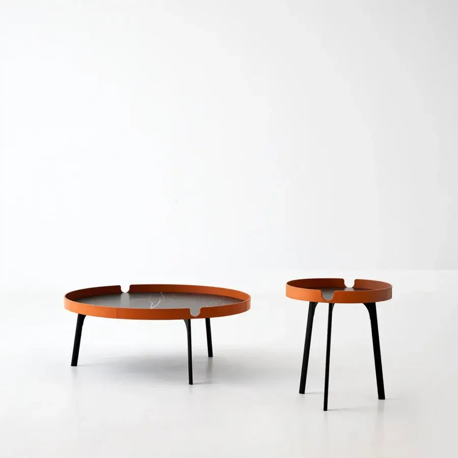 Exceptional Bolzan Letti Gabri side and coffee table with Neolith tabletop and hand-stitched leather upholstered edge in matte black metal legs