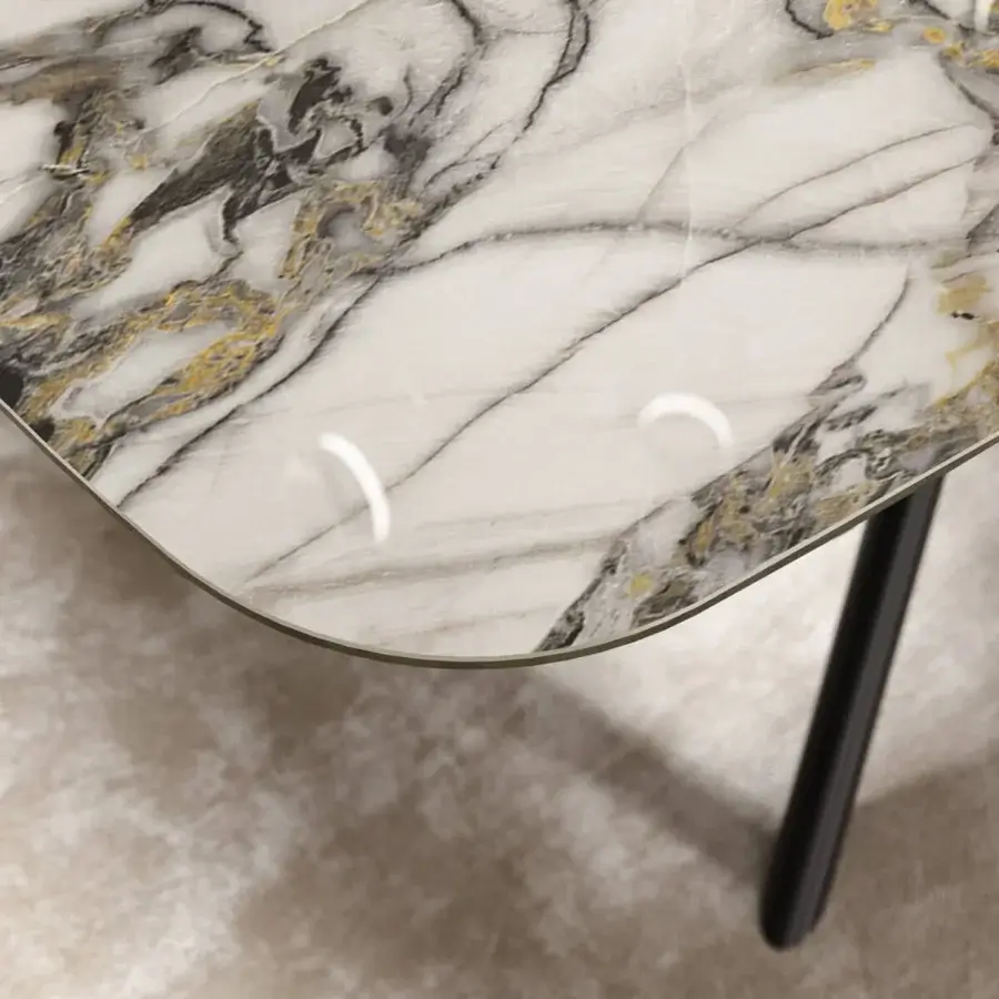 Distinguished Ozzio Italia Random table with a marble finish displaying gray, white and gold patterns supported by a dark metal base
