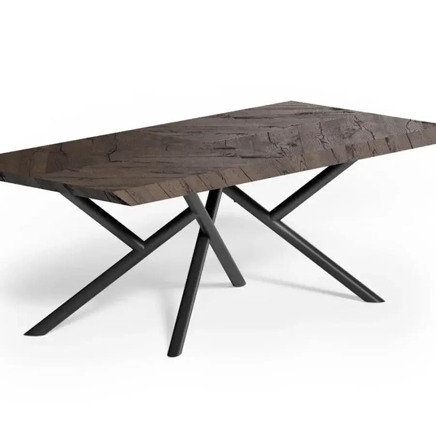 Distinguished Ozzio Italia Random table with dark brown wood-like top and abstract dark metal legs built with welded joints