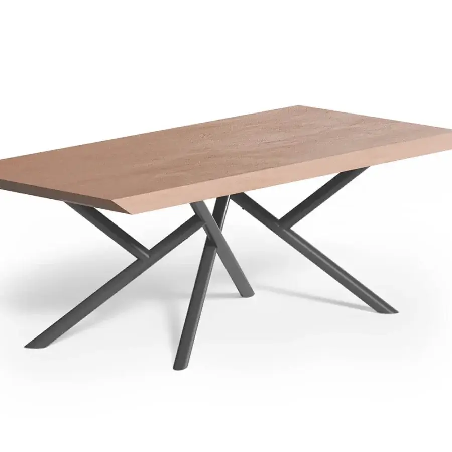 Exceptional Ozzio Italia Random table with light brown wood-grain tabletop and dark gray metal tube base crafted with welded joints