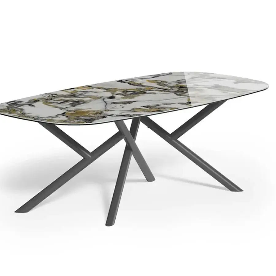 Elegant Ozzio Italia Random table with a glossy, marble-like surface and metal tube base built with visible welds and joints