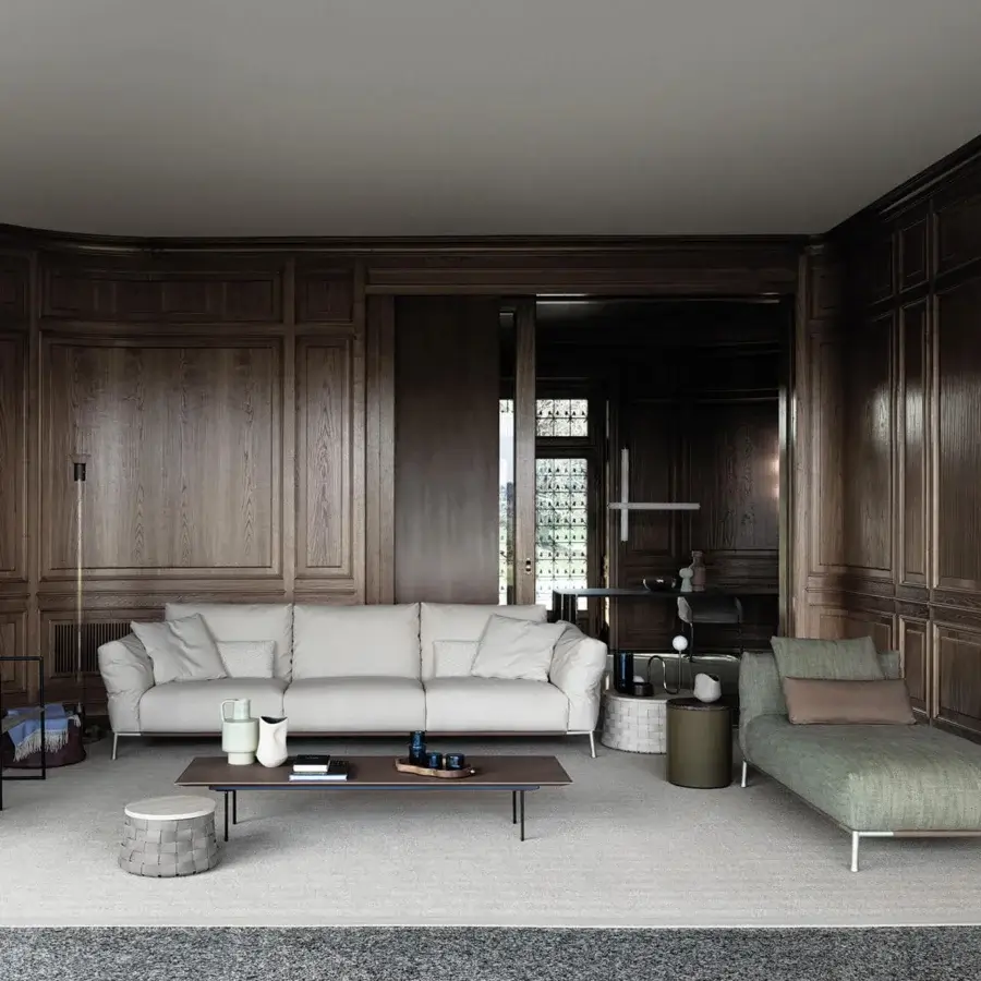 Superior Cierre1972 Chapeau sofa upholstered in light off-white textile with comfortable cushions and reclining backrests and armrests